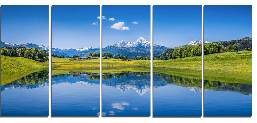 Summer with Clear Mountain Lake, Landscape Canvas Art Print, 60"x28", 5 Panels