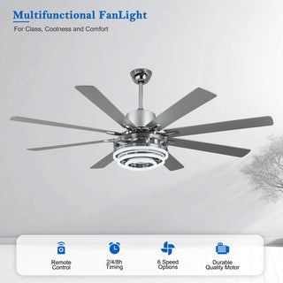 72" Modern 8 Wood Blades Large Ceiling Fan w LED Light, Chrome