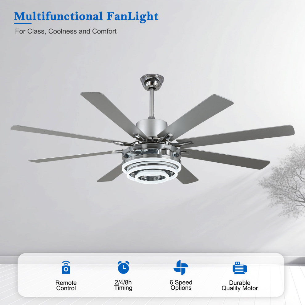 72" Modern 8 Wood Blades Large Ceiling Fan w LED Light, Chrome