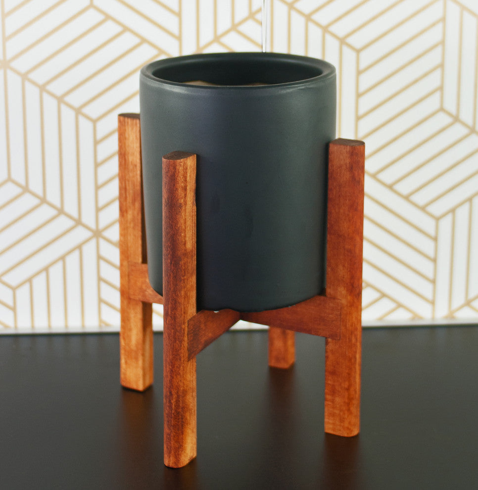 Modern Ceramic Cylinder Pot 5'' Black With Wood Plant Stand Walnut Color