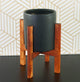 Modern Ceramic Cylinder Pot 5'' Black With Wood Plant Stand Walnut Color