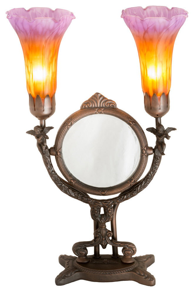 17 High Amber/Purple Pond Lily Twin Cherub 2 Light Accent Lamp