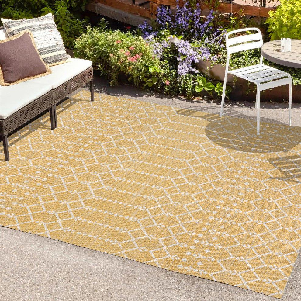 Ourika Moroccan Geometric Indoor/Outdoor Rug, Yellow/Cream, 9x12