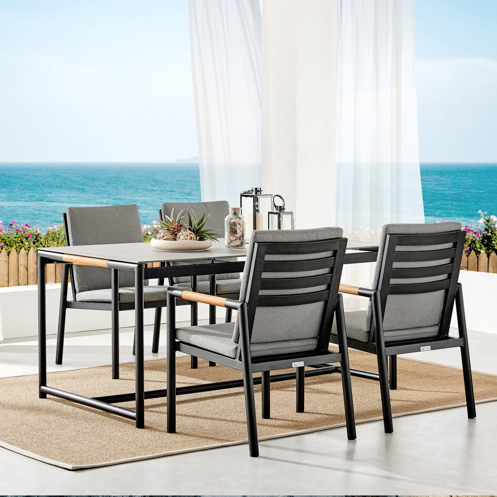 Crown 5-Piece Black Aluminum and Teak Outdoor Dining Set With Dark Gray Fabric