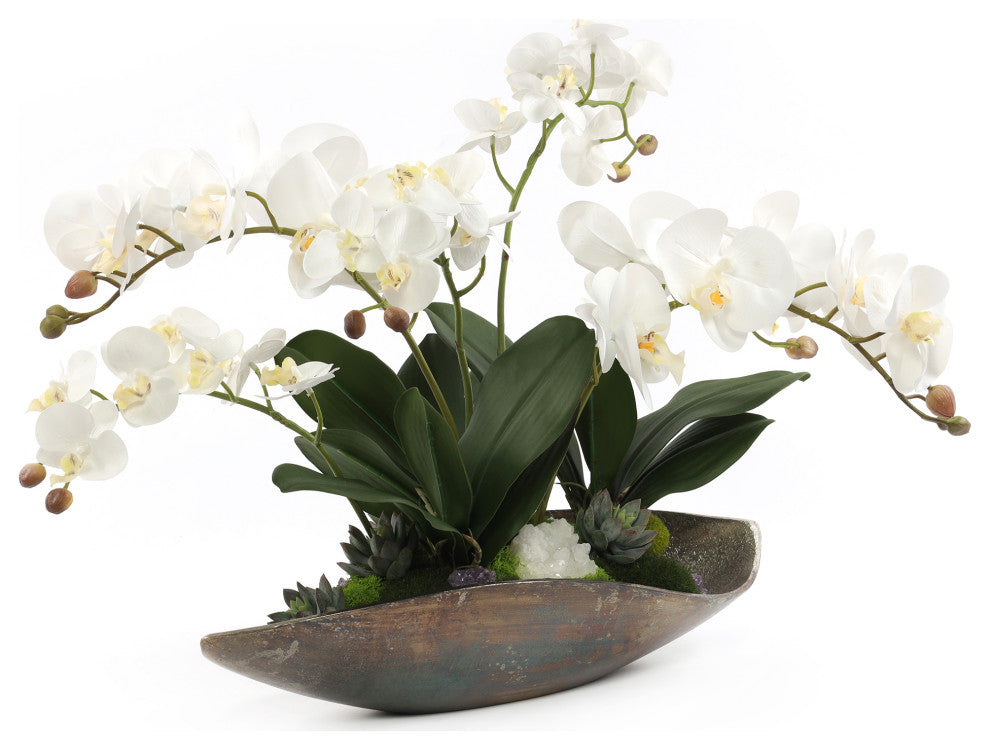 Cream White Orchids Faux Arrangement in Small Metal Tray