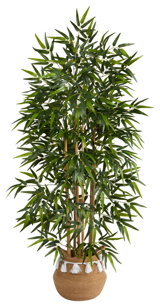 64" Bamboo Artificial Tree With Bamboo Trunks in Boho Chic Planter With Tassels
