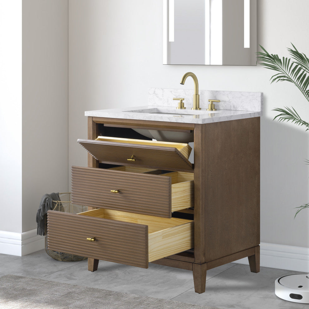 Vanity Art Bathroom Vanity with Engineered Marble Top and Sink, Walnut, 30", Golden Brushed