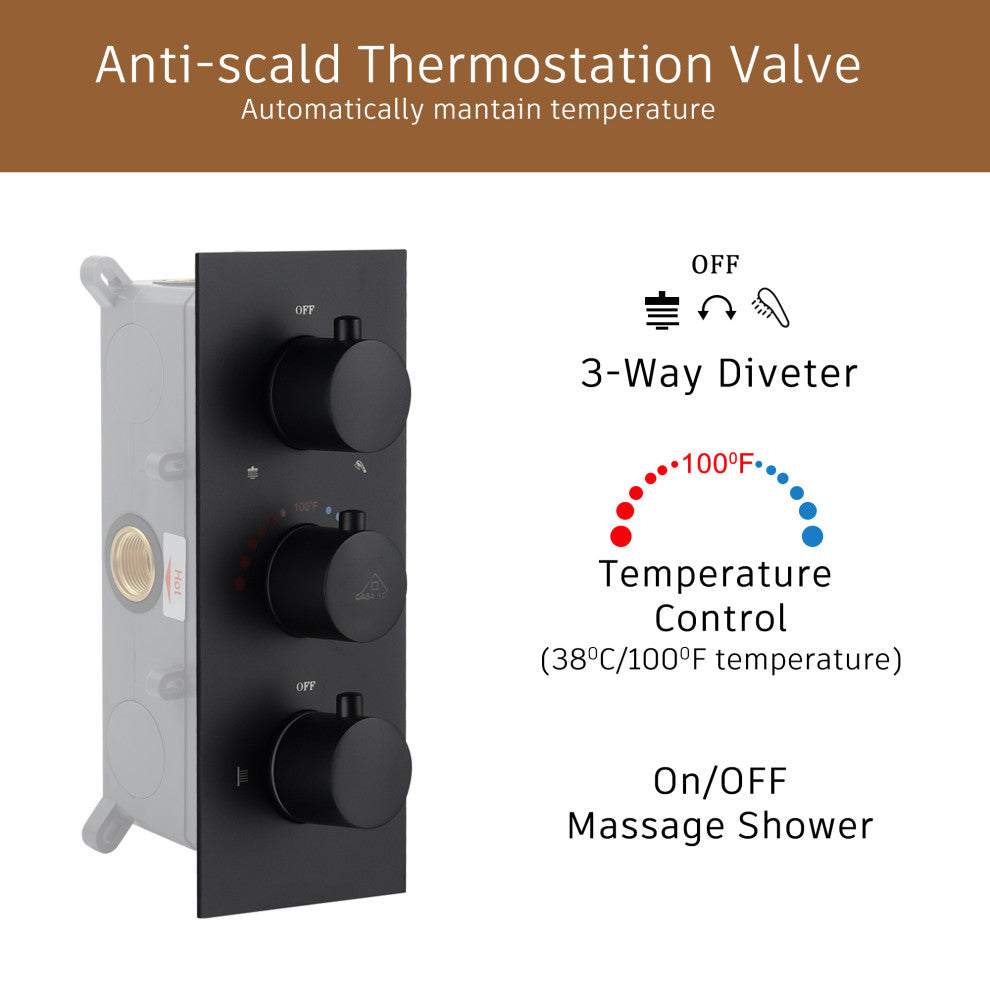 CASAINC 12" Wall Mounted 3 Way Thermostatic Luxury Shower System Set, Matte Black