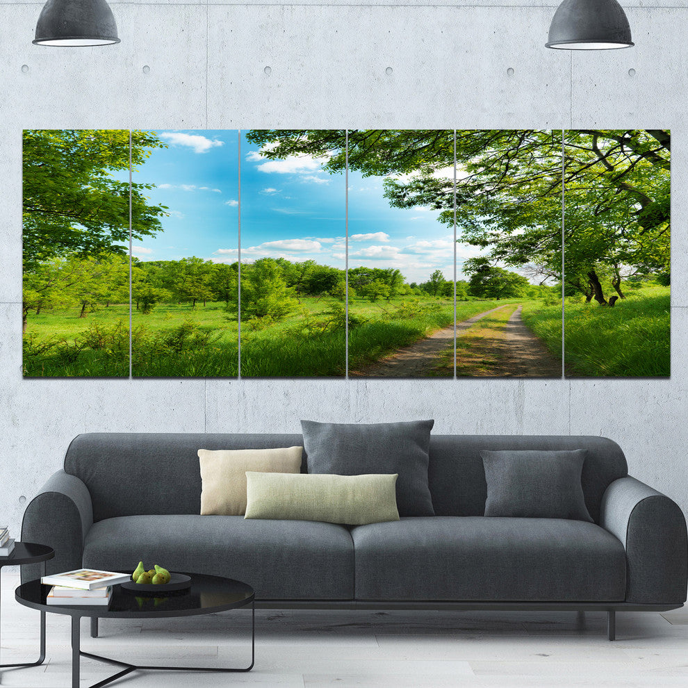 Green Forest Road and Blue Sky, Modern Landscape Canvas Art, 70"x28", 6 Panels
