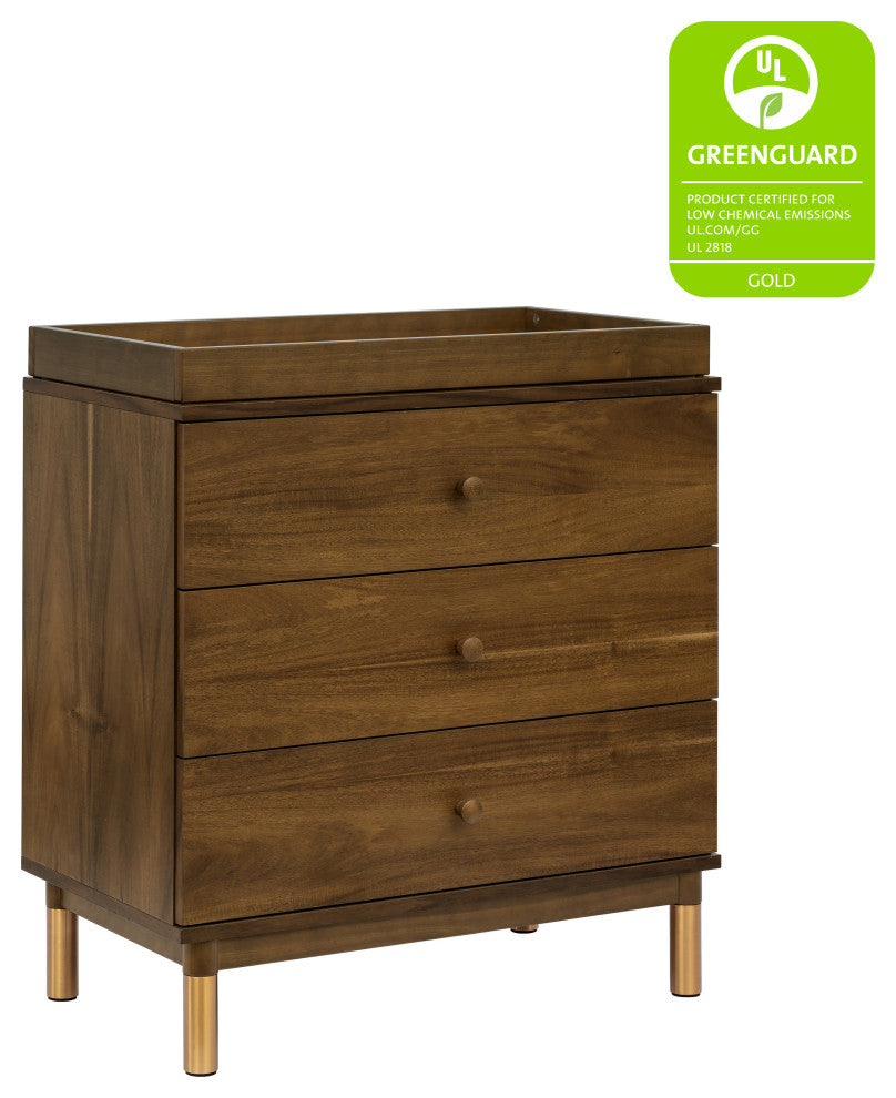 Gelato 3-Drawer Changer Dresser With Removable Changing Tray, Natural Walnut & Gold Feet