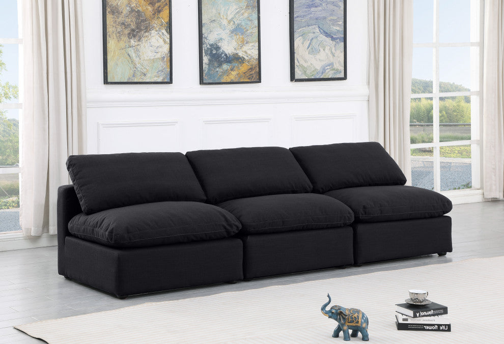 Indulge Upholstered Modular Sofa, Black, 3-Piece: 3 Armless Chair, Down Stuffed Linen Textured Fabric