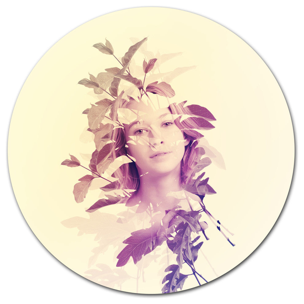 Woman Portrait With Leaves, Modern Portrait Round Wall Art, 11"