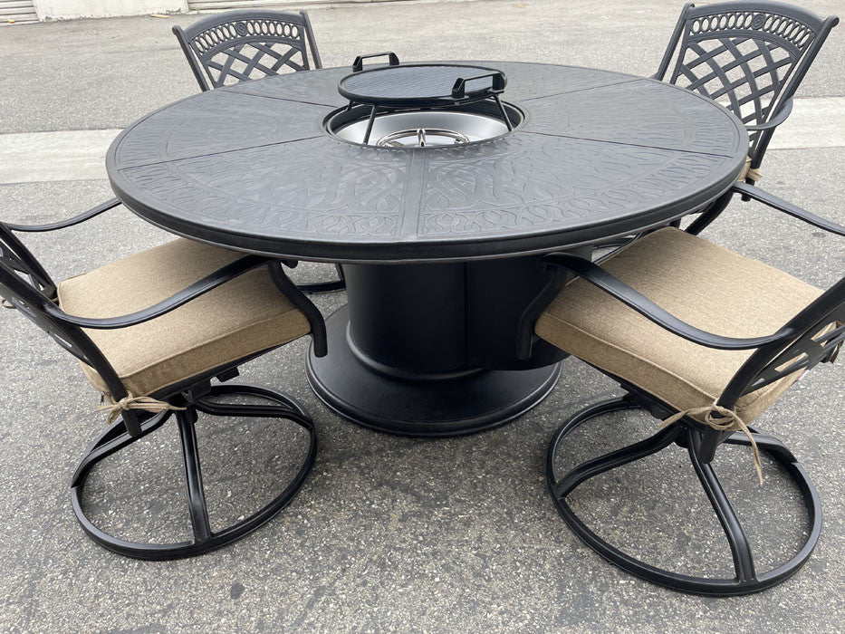 Outdoor conversation set with fire pit grill table and 6 swivel rockers.