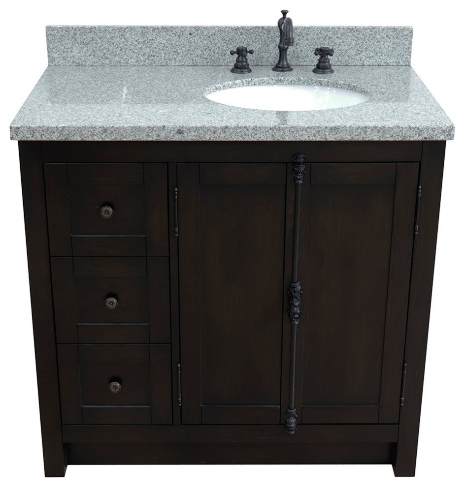 37" Single Vanity, Brown Ash With Gray Granite Top, Right Doors/Right Oval Sink