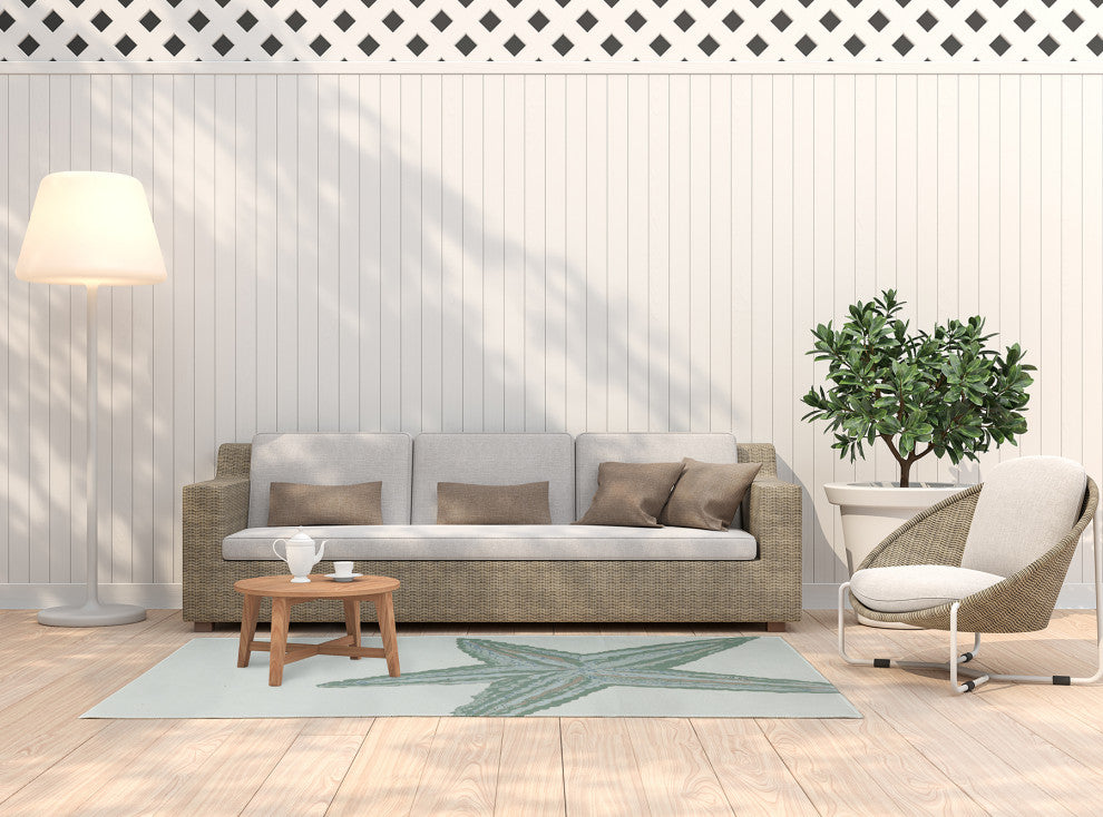 5' x 7' Large Starfish Nautical Indoor/Outdoor Rug, Sage