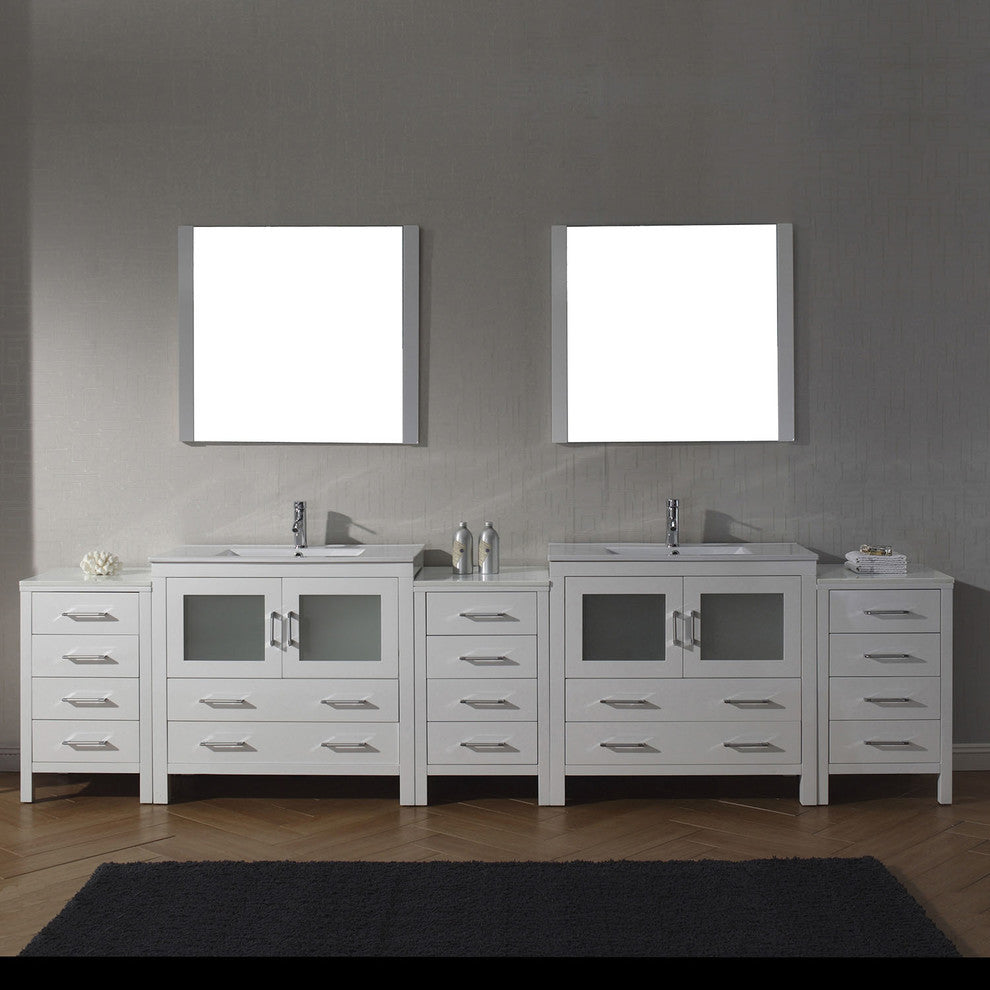 Virtu Dior 118" Double Bathroom Vanity, White, Polished Chrome Faucet, Mirrors