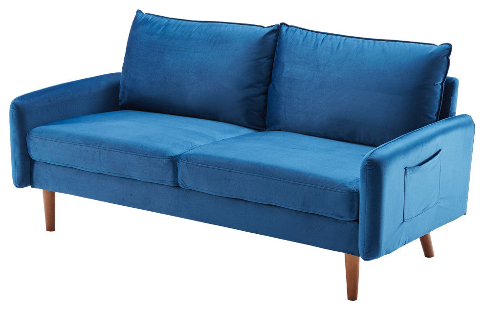 Blue Contemporary Velvet Sofa With Side Pockets