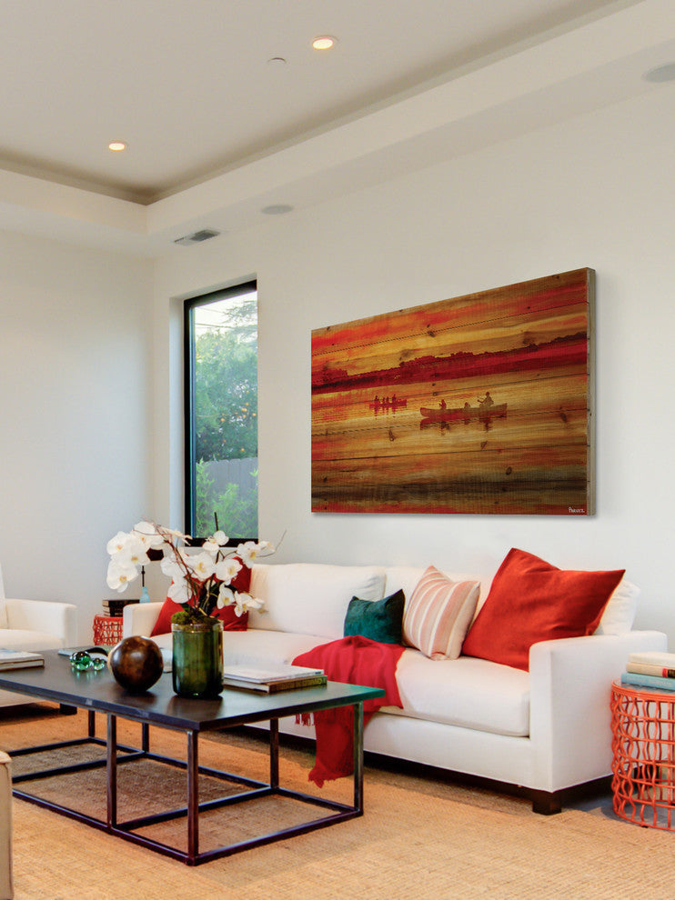 "Sunset Paddle" Print on Natural Pine Wood, 36"x24"