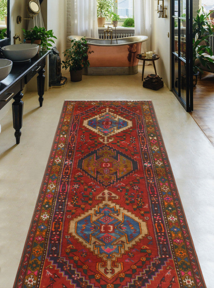 Fine Vintage Distressed Pasua Rust/Navy Runner, 3'8x10'8