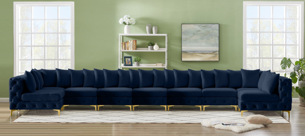 Tremblay Velvet Upholstered 9-Piece Modular U-Shaped Sectional, Navy