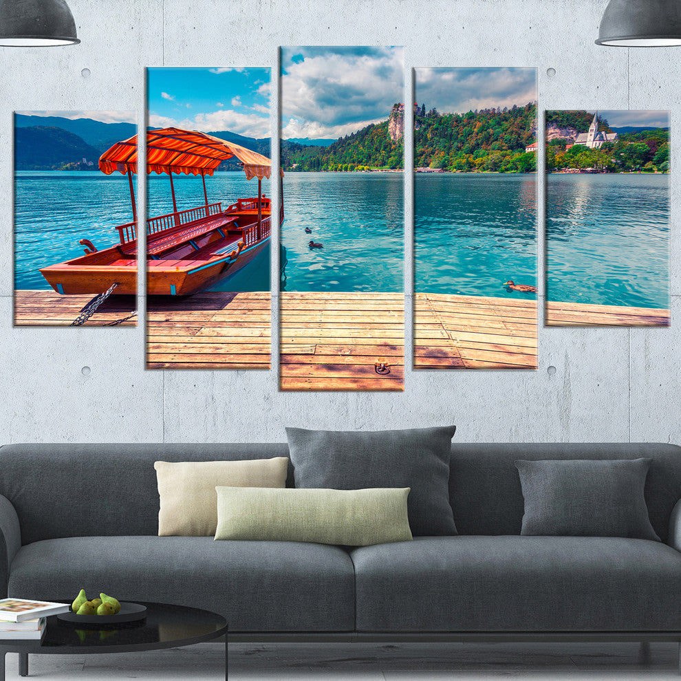 Boat in Lake Bled In Julian Alps, Landscape Canvas Print, 60"x32", 5 Panels
