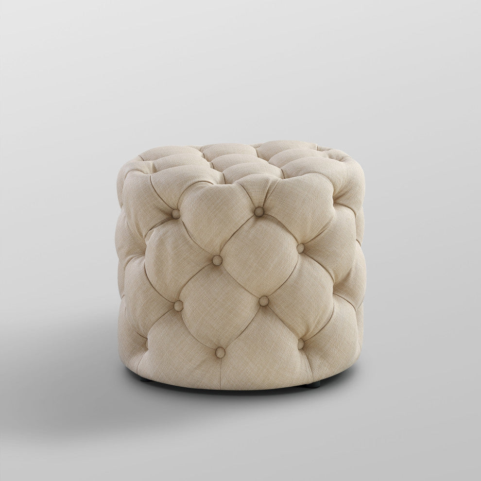 Jessica Allover Tufted Round 1 Pc Ottoman, Beige, Linen