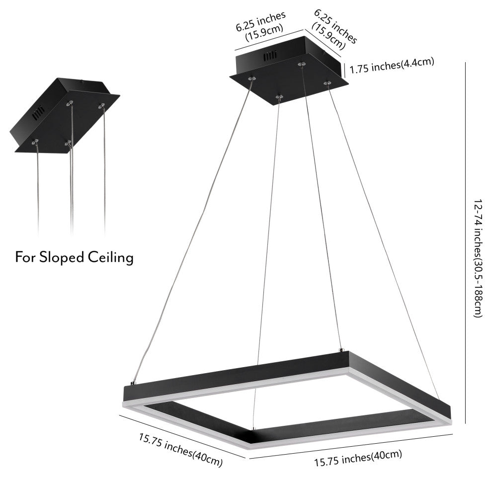 Nero Square Modern Metal LED Pendant Light, Black, Width: 15.75