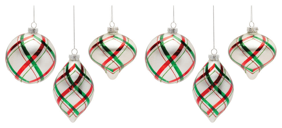 Plaid Glittered Glass Ornament, 6-Piece Set