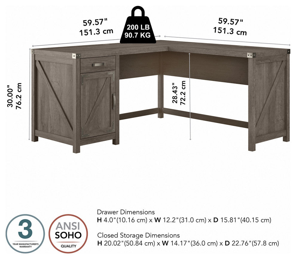 kathy ireland Cottage Grove 60" L Shaped Desk, Drawer & Cabinet, Restored Gray