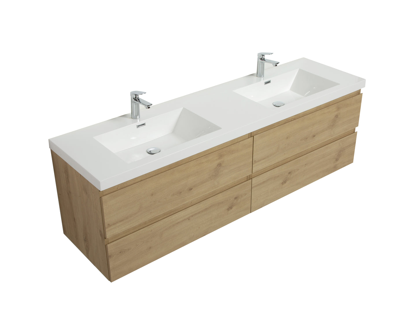Alma-Pre 4 Drawers Wall Mount Vanity, Integrated White Sink, Natural Oak, 84