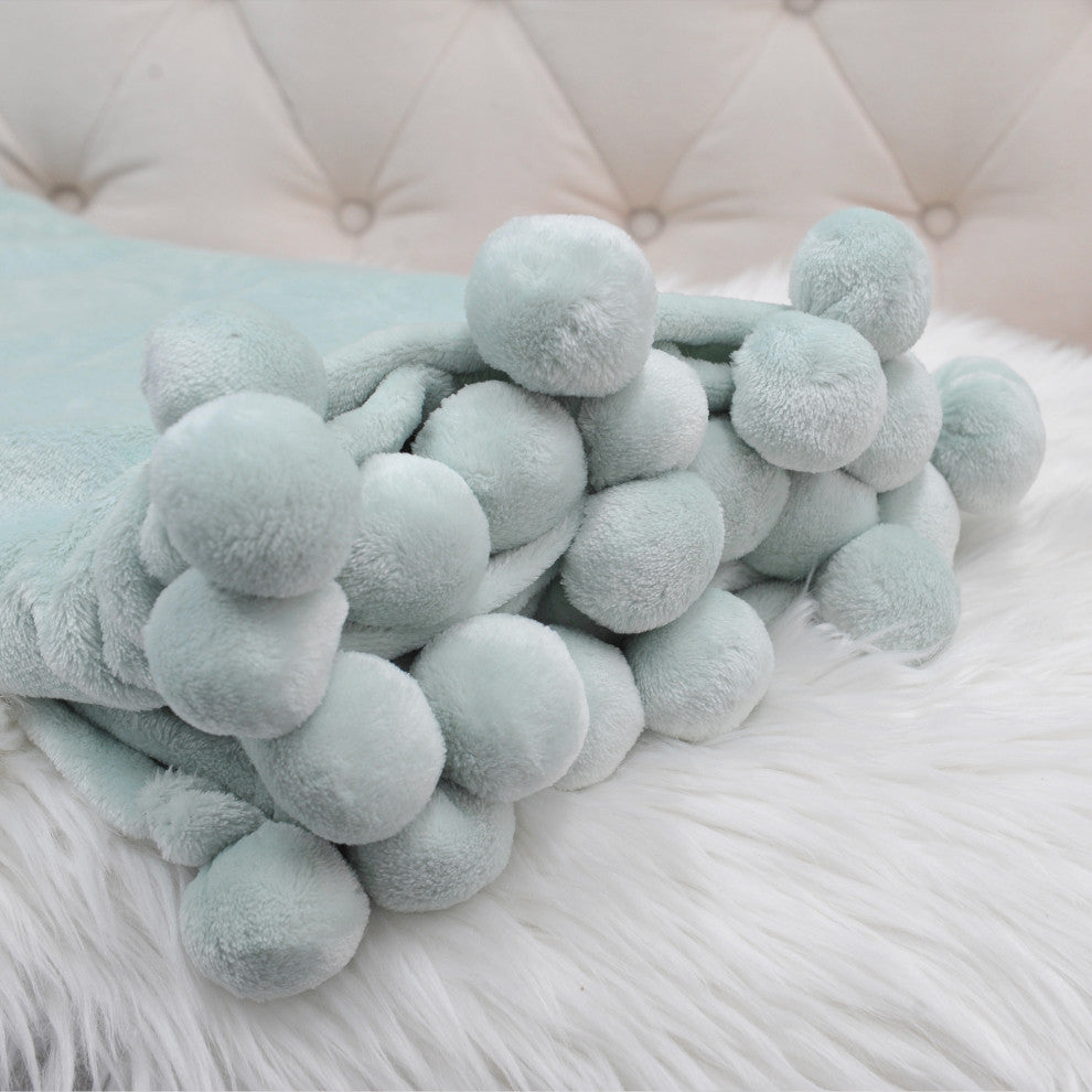 Pom Pom Flannel Fleece Throw Blanket, Harbor Grey, 50" X 60"