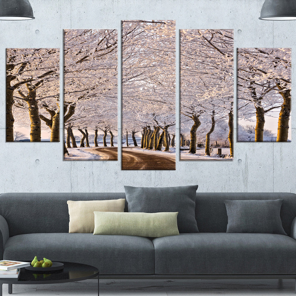 Trees And Road in White Winter, Landscape Canvas Art Print, 60"x32", 5 Panels