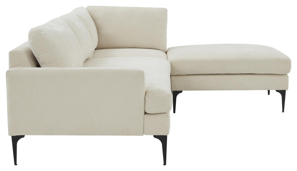Serena Cream Velvet Right Arm Facing Chaise Sectional With Black Legs