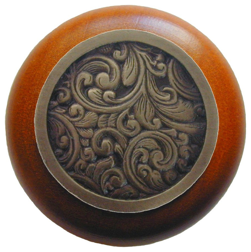 Saddleworth Wood Knob, Antique Brass, Cherry Wood Finish, Antique Brass