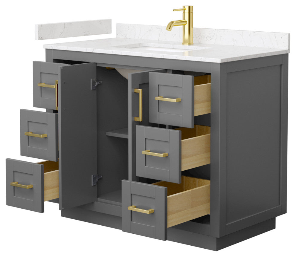 42"SGL Vanity Dark Gray, Light-Vein Carrara Cult. Marble Top, Sink, Gold Trim
