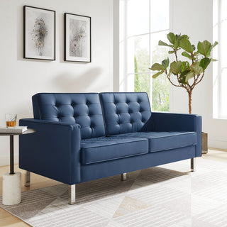 Loft Tufted Upholstered Faux Leather Loveseat Silver Navy