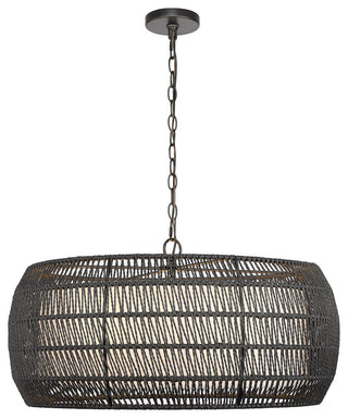 Everly 6 Light Chandelier, Matte Black With Modern Black Rattan Shade