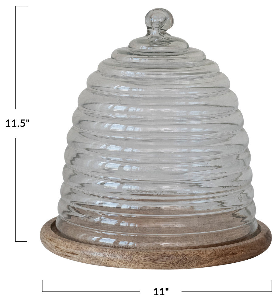 Reclaimed Etched Glass Beehive Shaped Cloche With Mango Wood Base