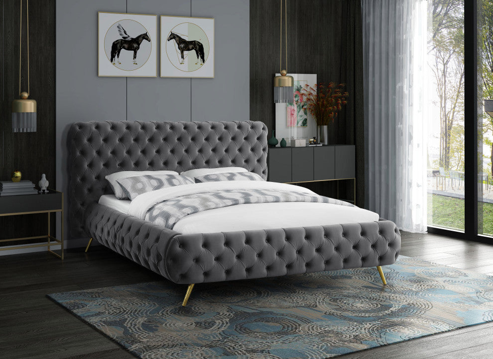 Delano Velvet Upholstered Bed, Gray, Queen