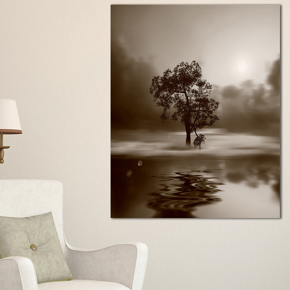 "Alone Tree on Island in Sepia" Wall Art Landscape, 16"x32"