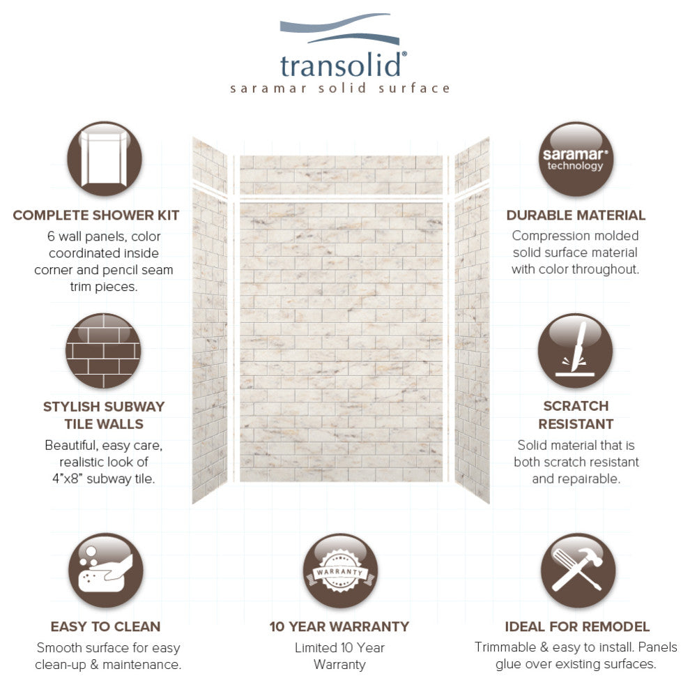 Transolid SaraMar 60"x36"x96" 6-Piece Shower Wall Kit, Biscotti Marble