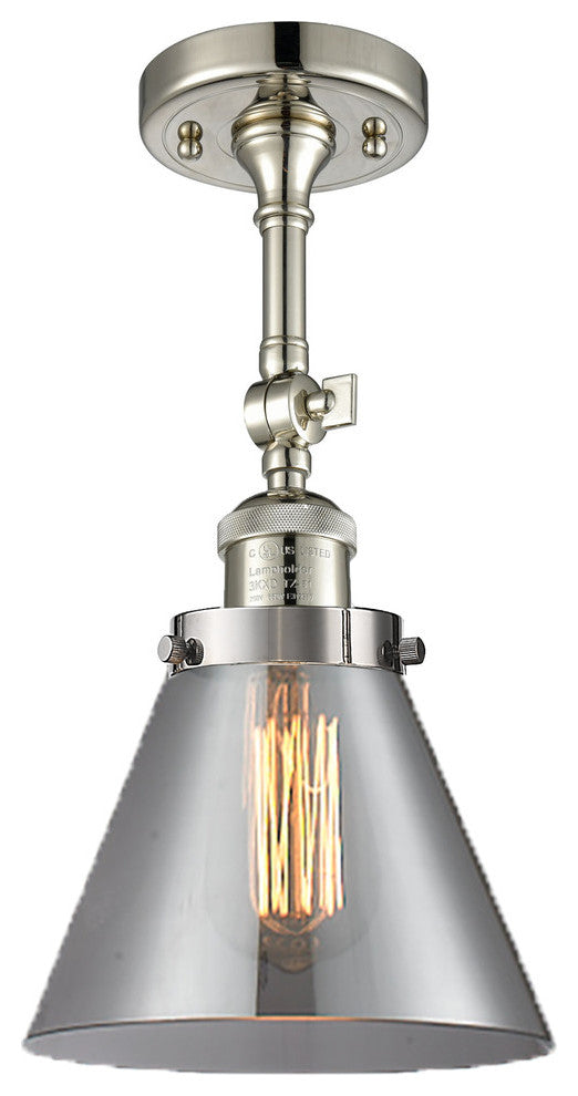 Large Cone 8" Semi-Flush Mount, Polished Nickel, Glass: Smoked