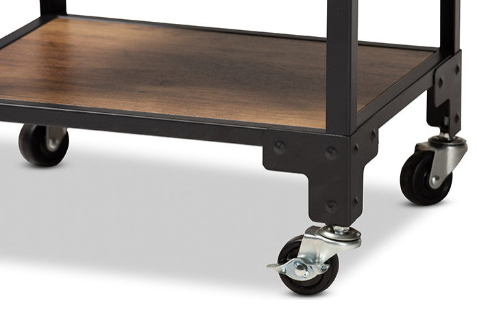 Industrial Rustic Walnut Finished Wood and Black Metal 4-Tier Mobile Wine Cart