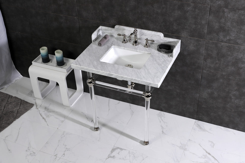 Kingston Brass LMS3030MASQ6 30" Carrara Marble Console Sink, Acrylic Legs