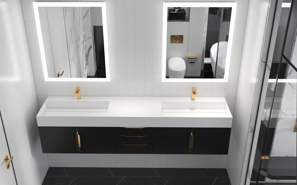 CastelloUSA Amazon 84" Wall Mounted Vanity Set, Black, White Top, Gold Handles