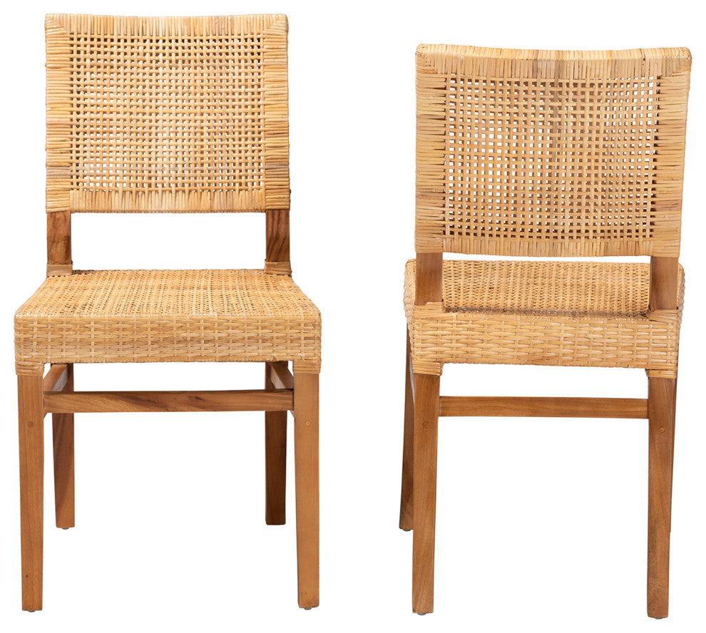 Lesia Bohemian Natural Brown Rattan, Walnut Brown Finish Wood Dining Chair Set