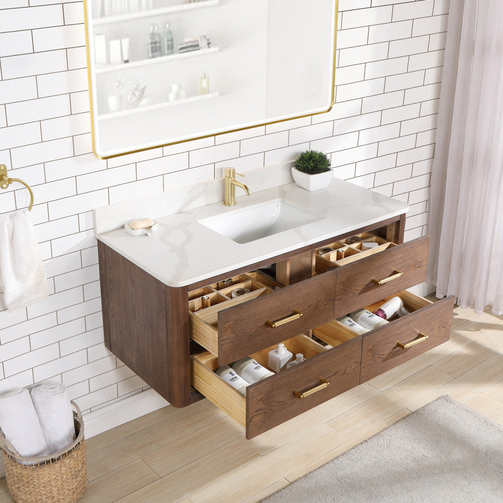 Cristo Floating Bath Vanity With Stone Top, Aged Dark Brown Oak, 48in., No Mirror