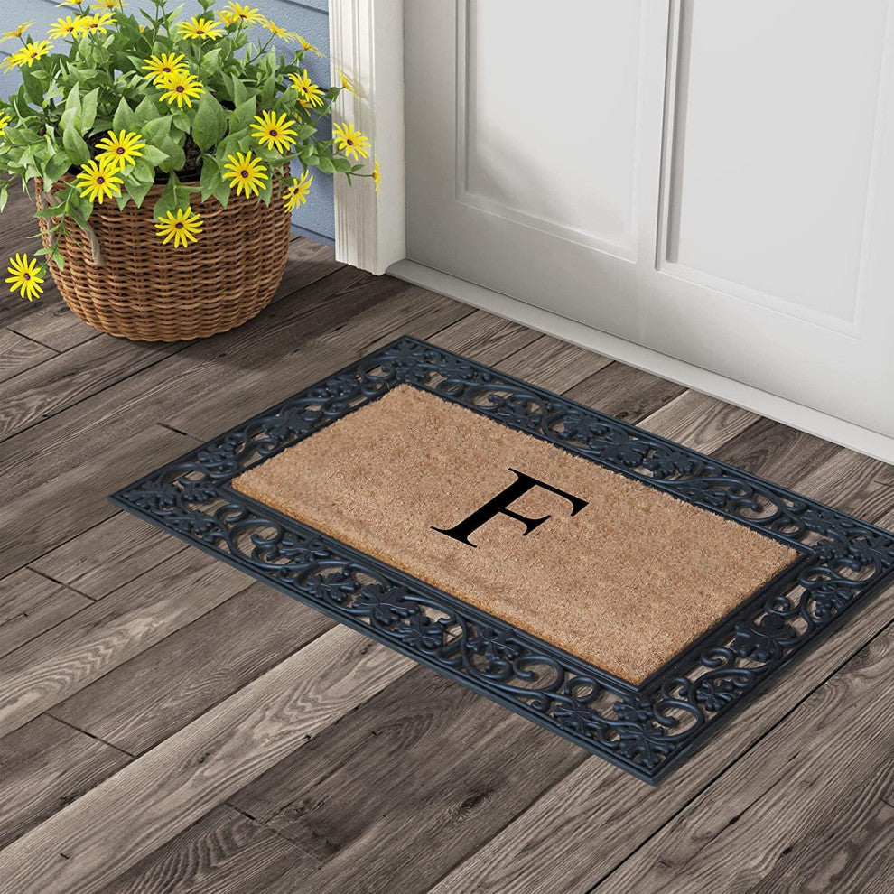 A1HC Floral Border Black 18x30 Rubber and Coir Heavy Duty Monogrammed Doormat, F