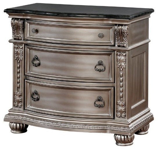 Benzara BM186322 Solid Wood with Marble Top Nightstand with 3 Drawers, Silver