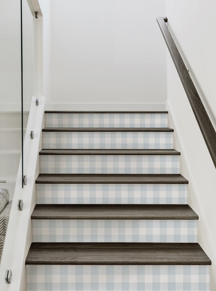 Checkered Fabric Look Peel & Stick Stair Riser Strips, Blue, 48"x7", Set of 6